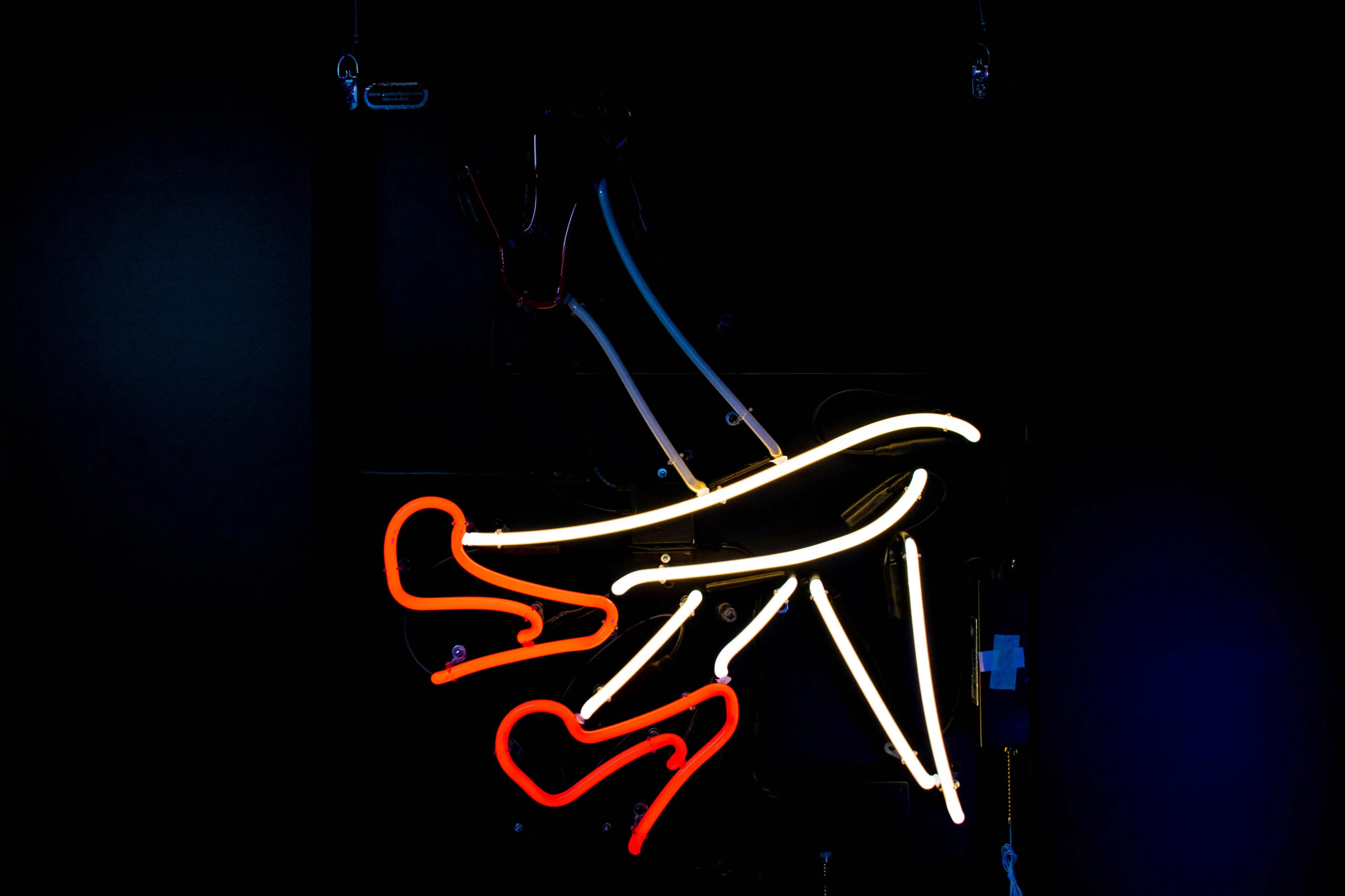 a neon sign showing a woman's legs kicking with red heels on.